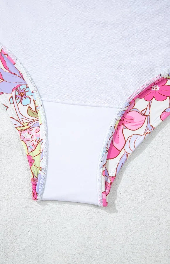 Floral Ruffle Trim Tummy Control One Piece Swimsuit - Ladyez