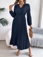 Lace Detail V-Neck Pleated Dress