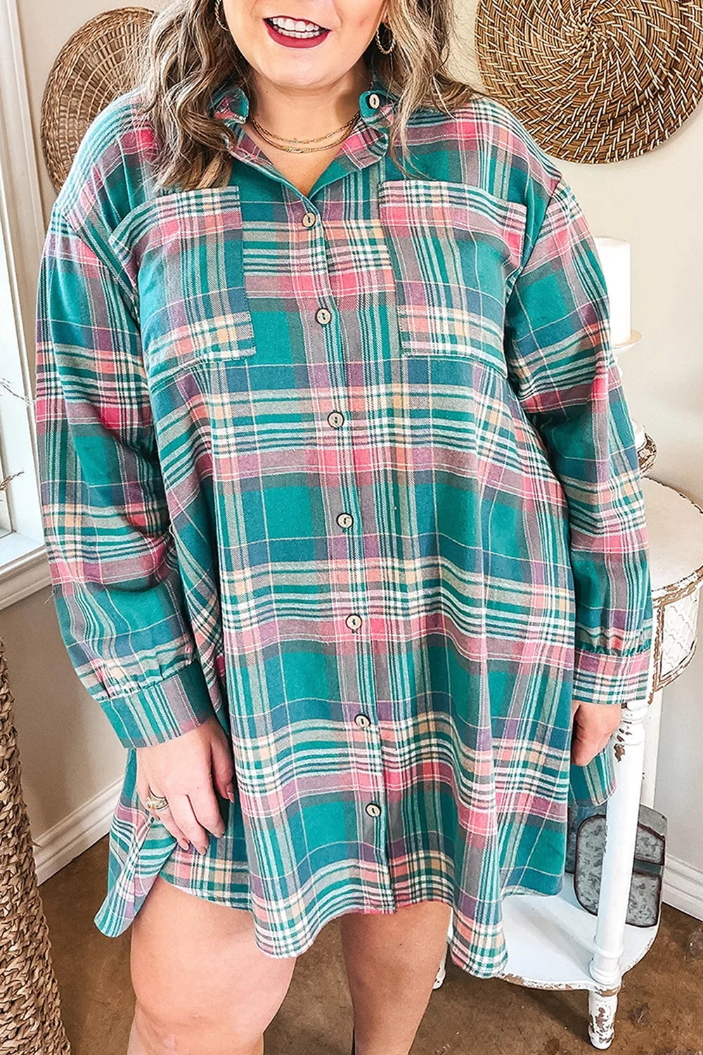 Plus Size Plaid Button-Up Shift Long Sleeve Dress