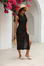 Cutout Openwork Round Neck Sleeveless Cover-Up - Ladyez