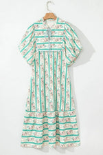 Striped Floral Print Tie Neck Puff Sleeve Midi Dress