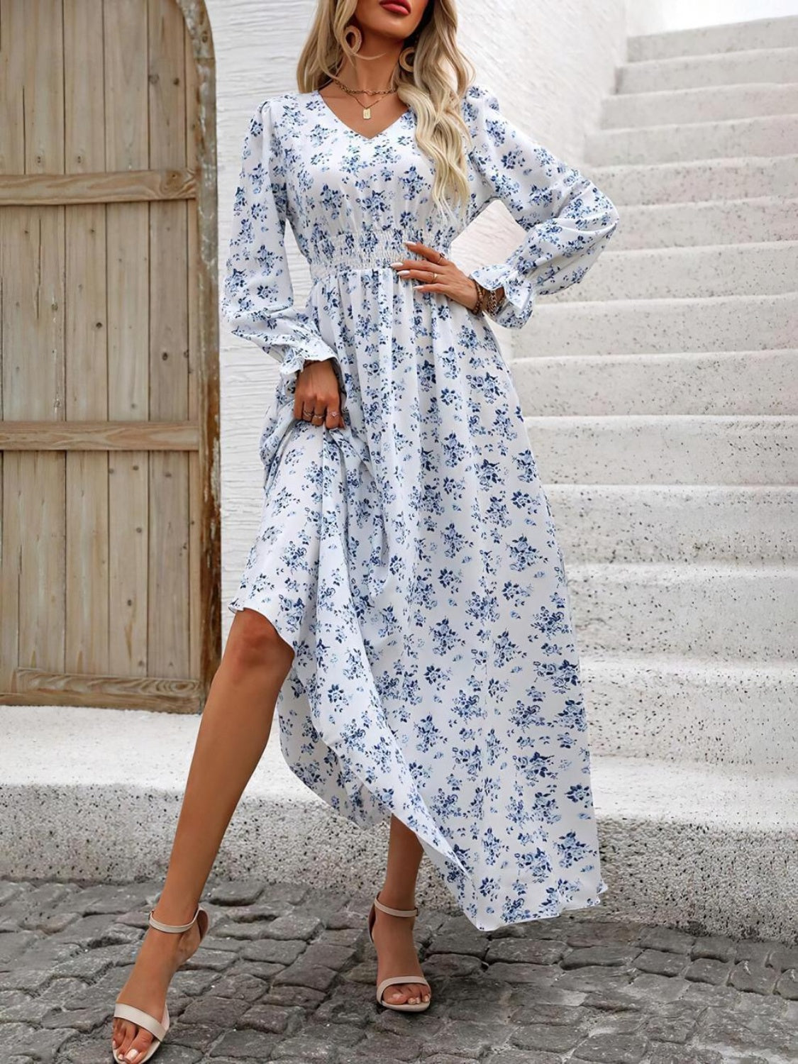 Smocked Printed V-Neck Flounce Sleeve Dress - Ladyez