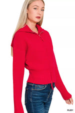 Zenana Ribbed Collared Zip Up Sweater Cardigan
