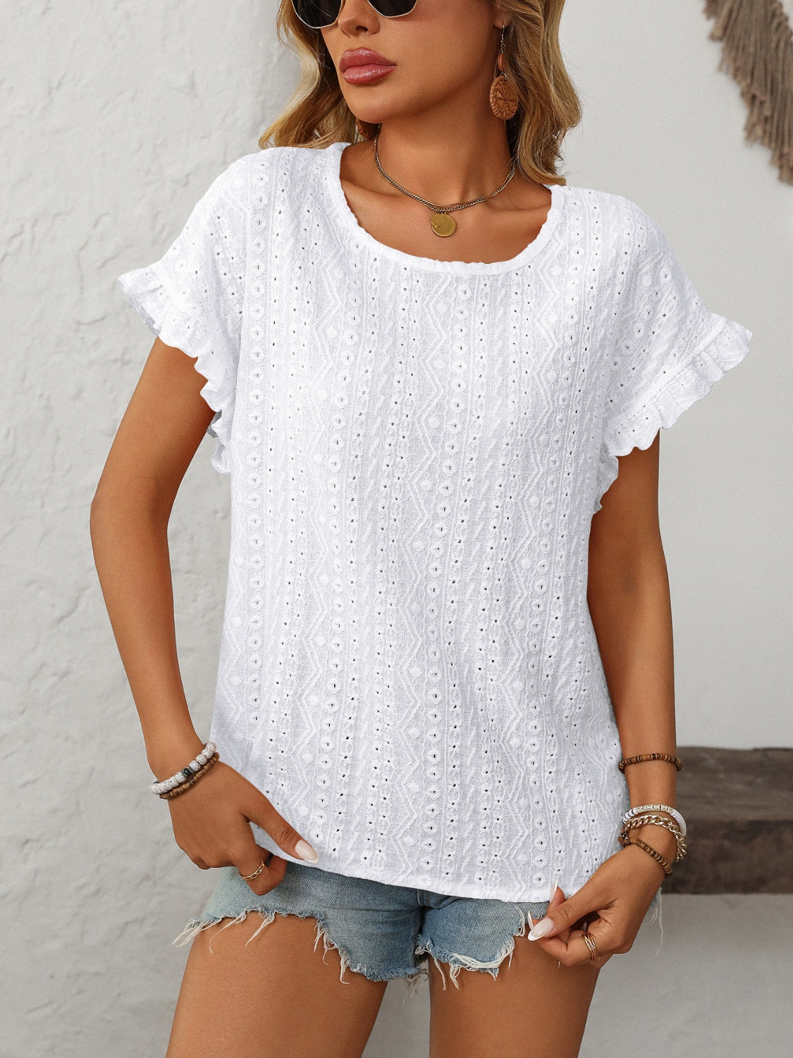 Mandy Eyelet Round Neck Short Sleeve Top - Ladyez