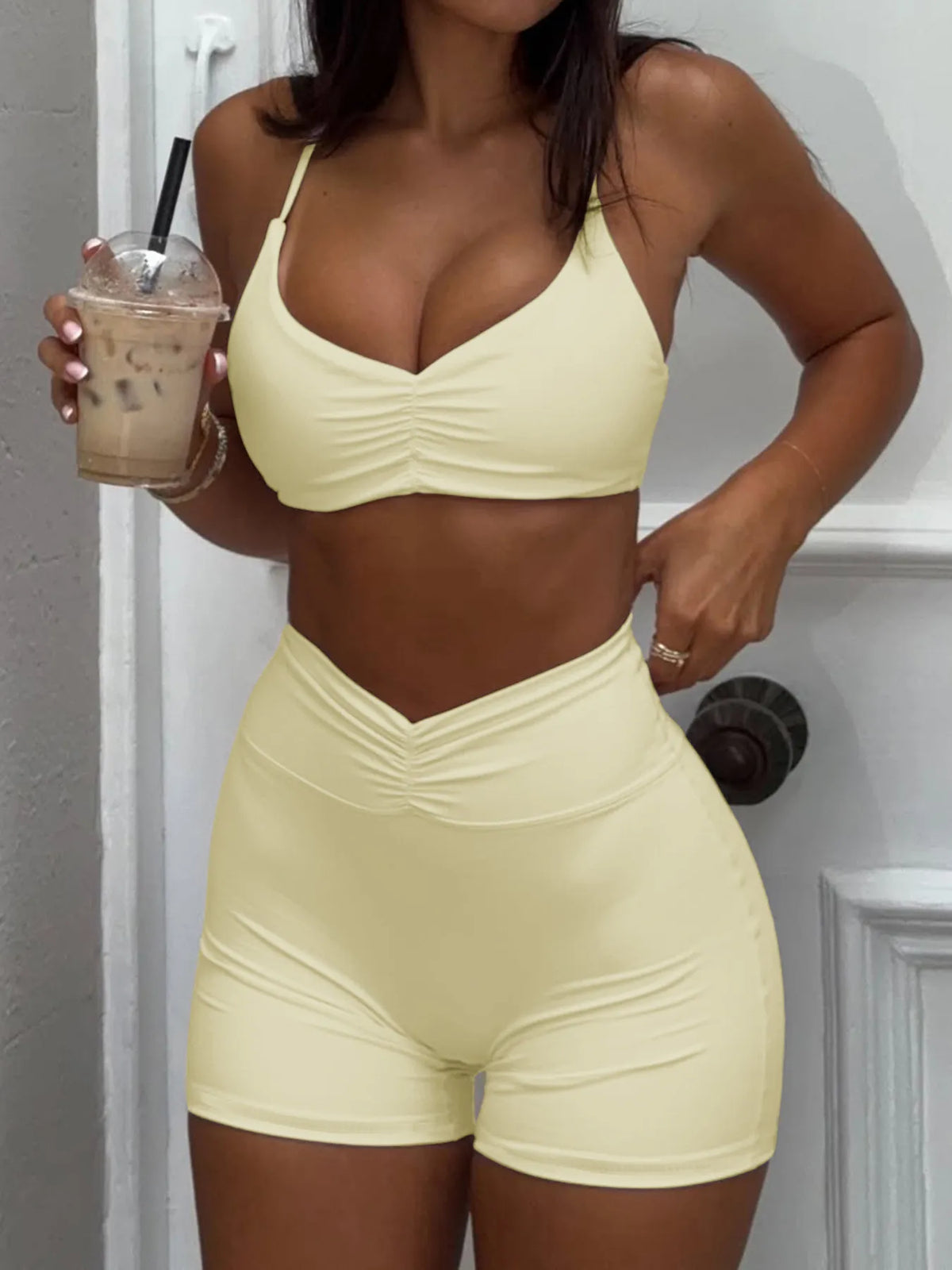 Ruched Sports Bra and High-Waisted Shorts Active Set - Ladyez