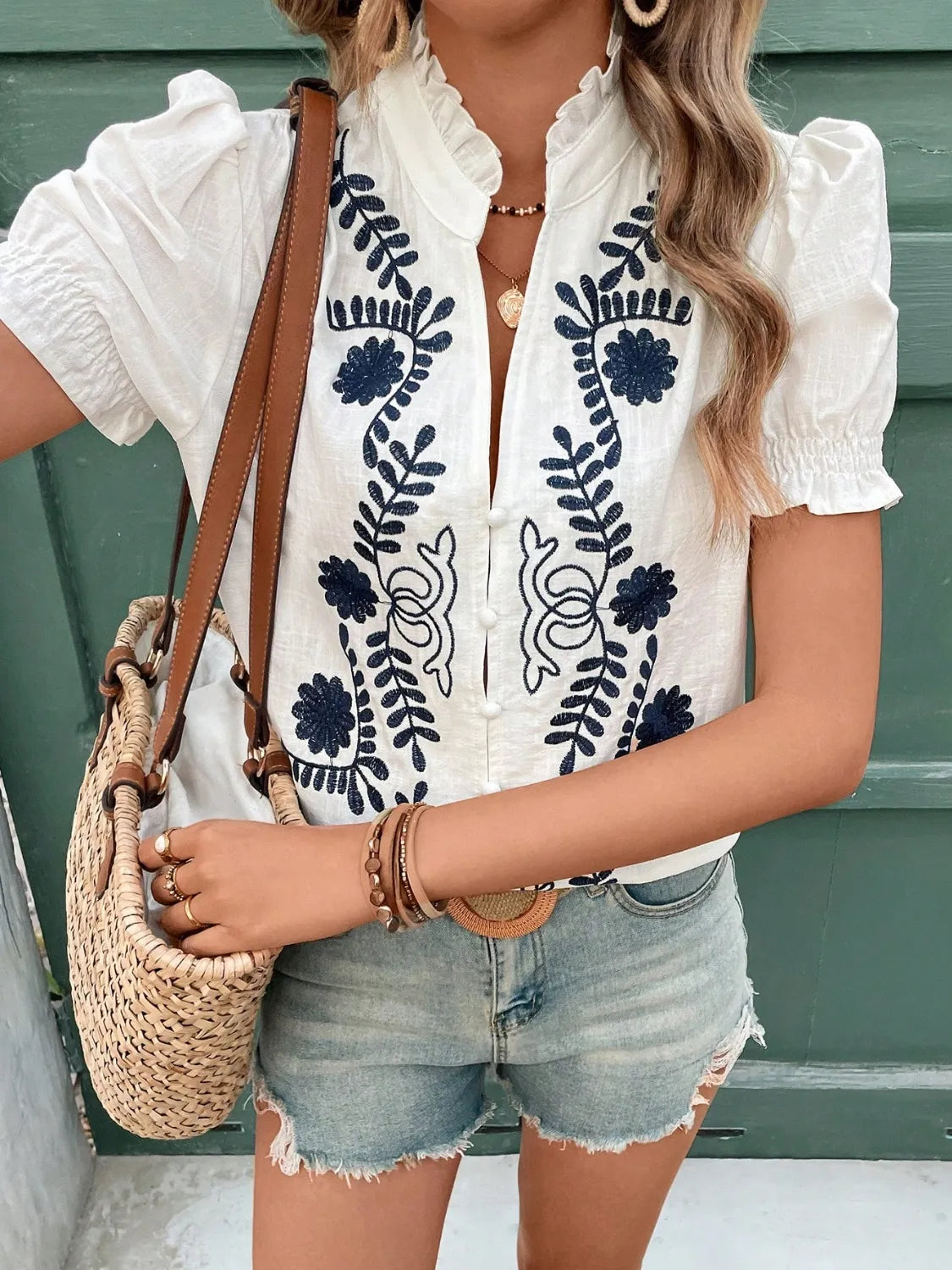 Embroidered Frill Notched Short Sleeve Blouse - Ladyez