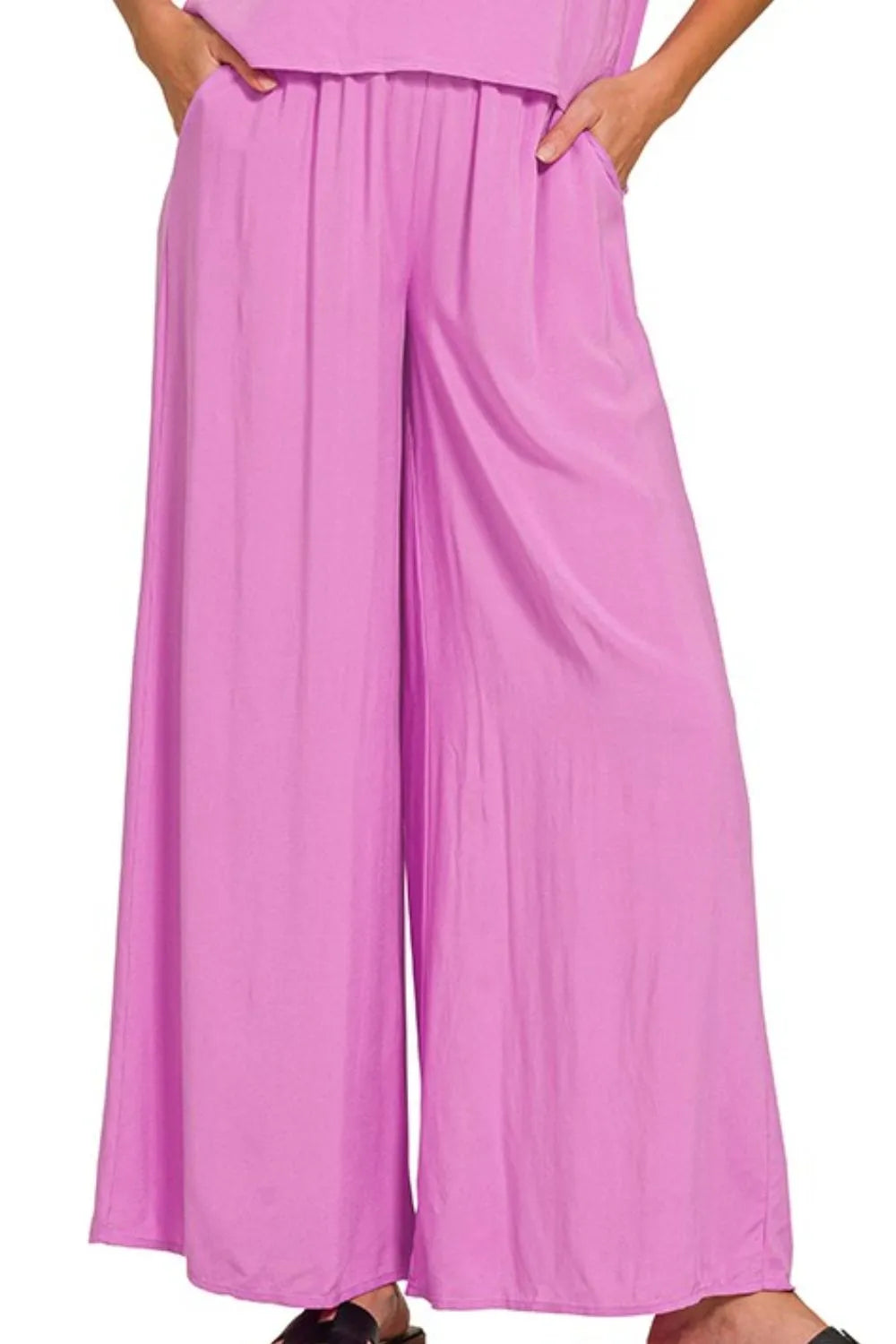 Zenana Round Neck T-Shirt and Wide Leg Pants Set - Ladyez