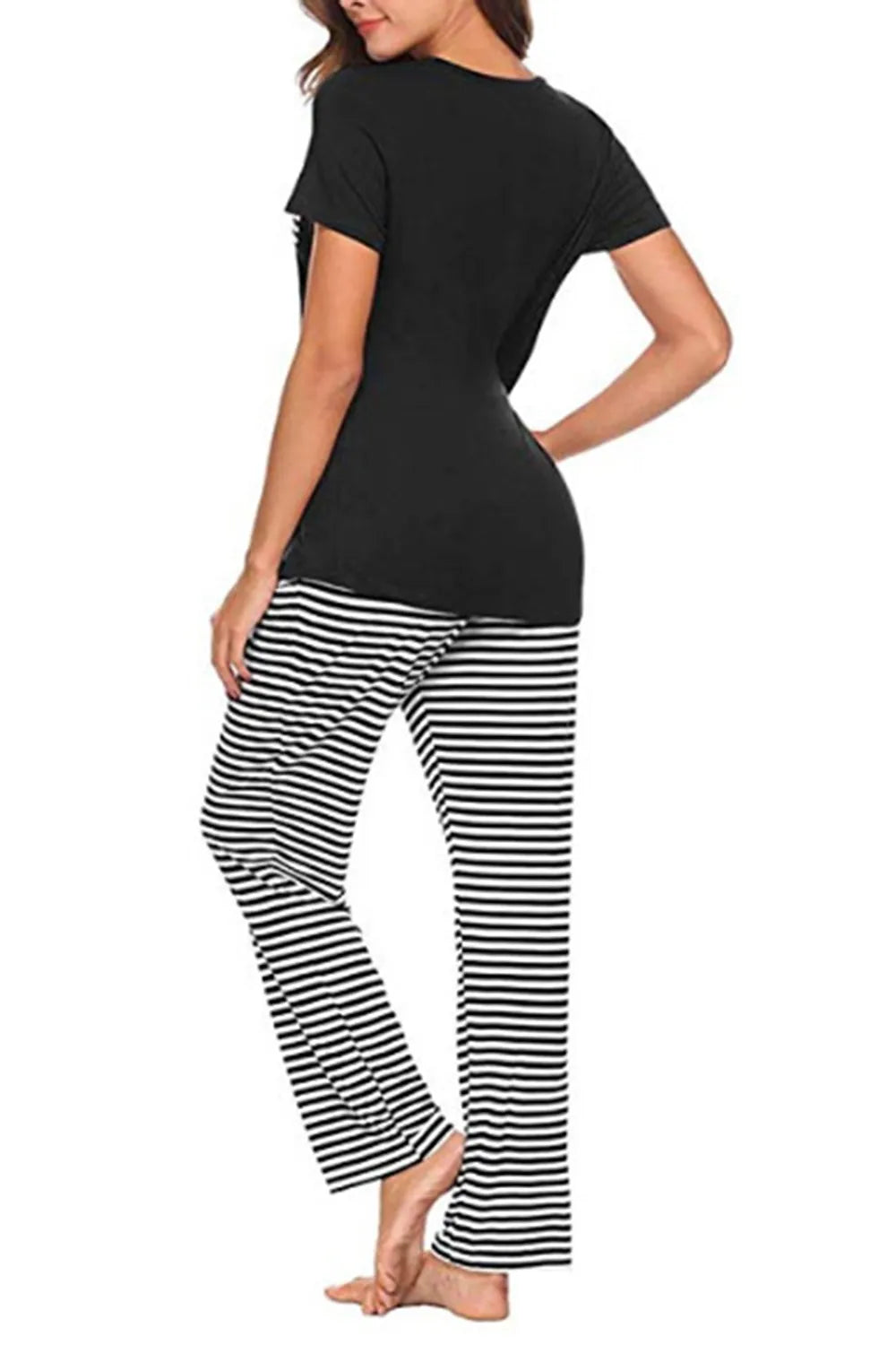 Pocketed Short Sleeve Top and Striped Pants Lounge Set - Ladyez