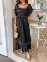 Square Neck Puff Sleeve Ruffle Trim Maxi Dress
