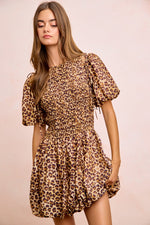 BiBi Leopard Bow Tie Attachable Puff Sleeves Dress