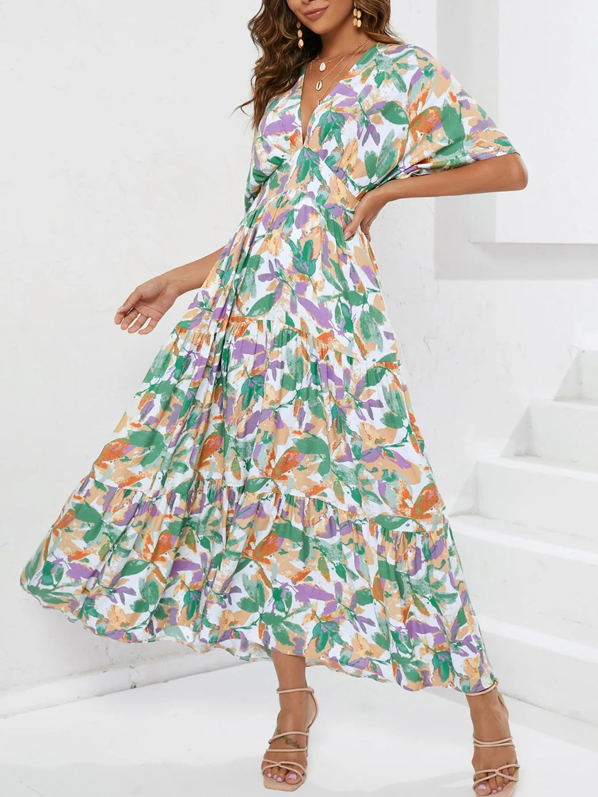 Floral Print V-neck Boho Midi Dress