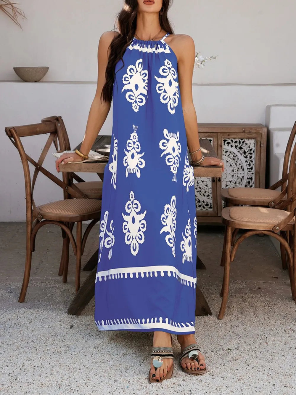 Devine Grecian Neck Printed Maxi Dress