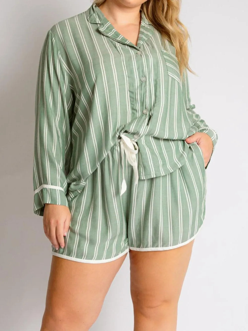 Striped Collared Neck Long Sleeve Top and Shorts Lounge Set - Ladyez