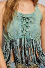 POL Lace-Up Fringe Hem Tank with Lace Detail