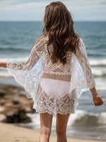 Lace V-Neck Three-Quarter Sleeve Cover Up - Ladyez
