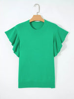 Solid Color Ribbed Trim Round Neck Ruffle Short Sleeve Sweater
