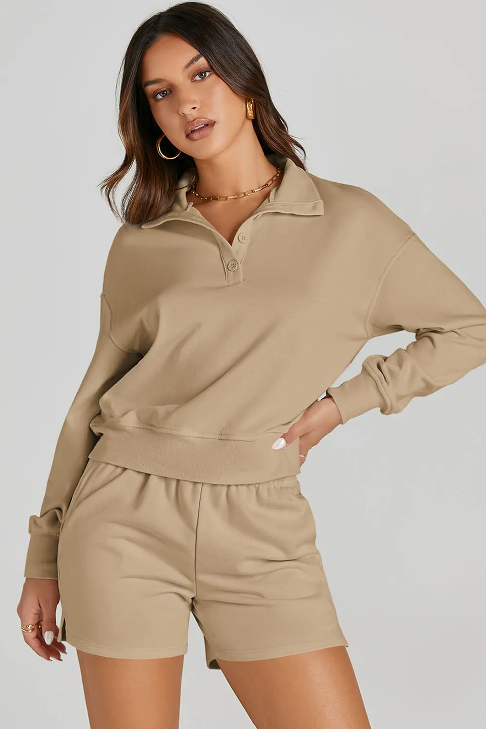 Half Button Sweatshirt and Shorts Active Set - Ladyez
