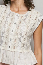 POL Round Neck Lace Sleeveless Top with Double Gauze Ruffle