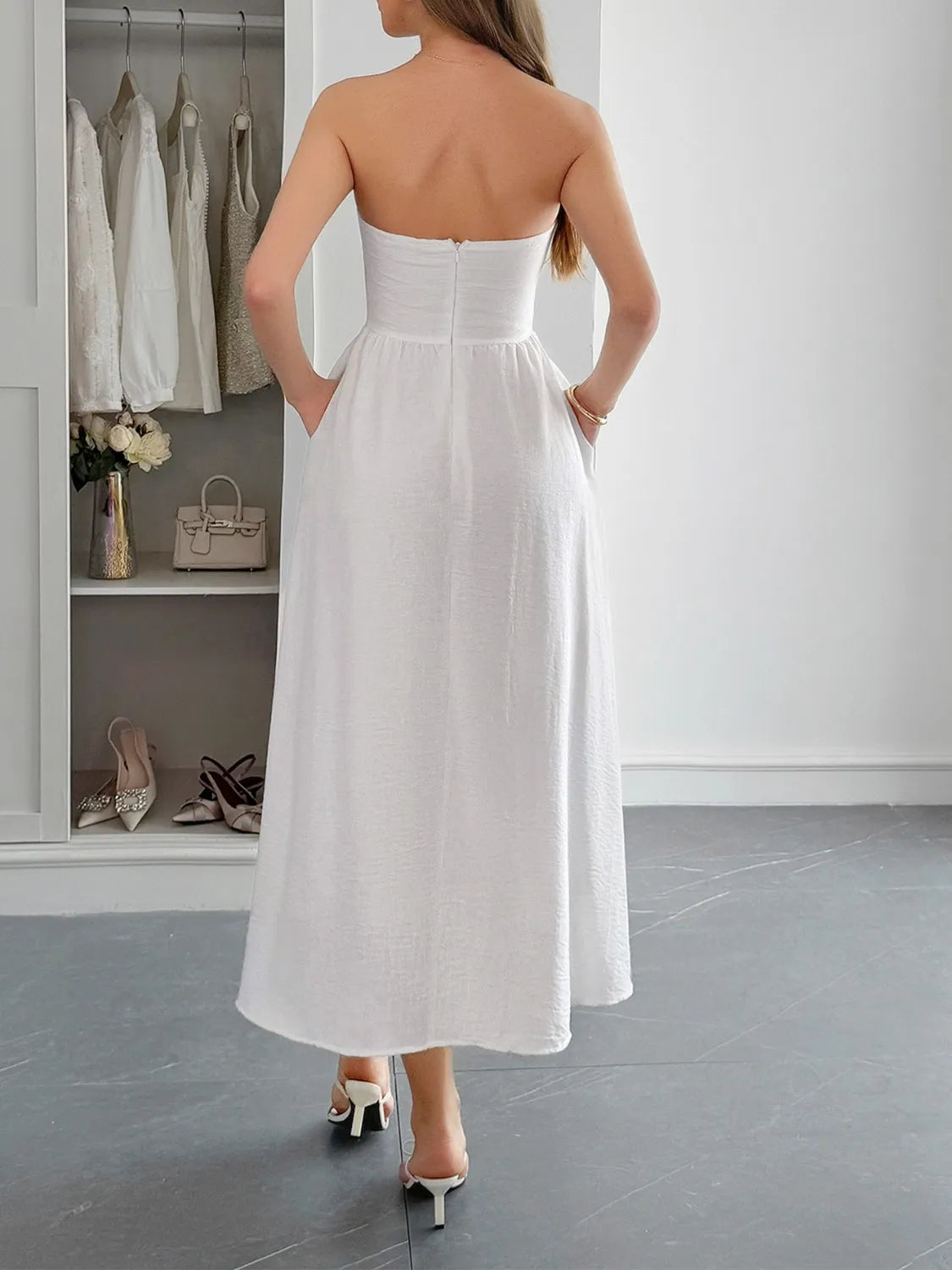 Strapless A-Line Midi Dress with Pockets - Ladyez
