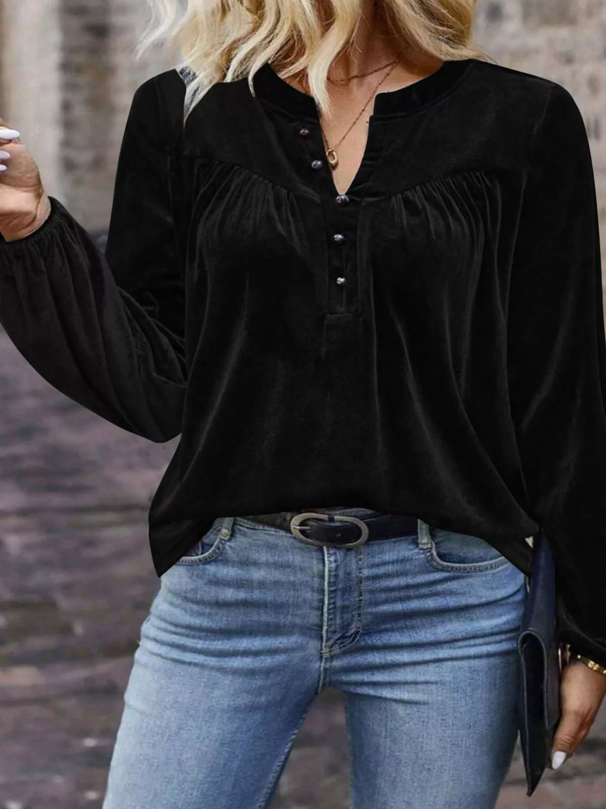 Velvet Balloon Sleeve Blouse