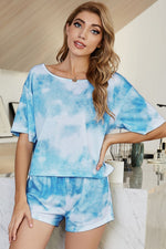 Shiny Tie-Dye Boat Neck Top and Shorts Lounge Set - Ladyez