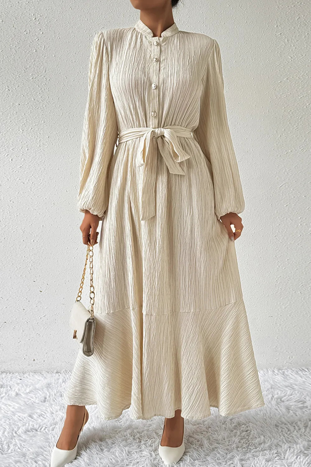 Honey Tied Button Up Balloon Sleeve Dress - Ladyez