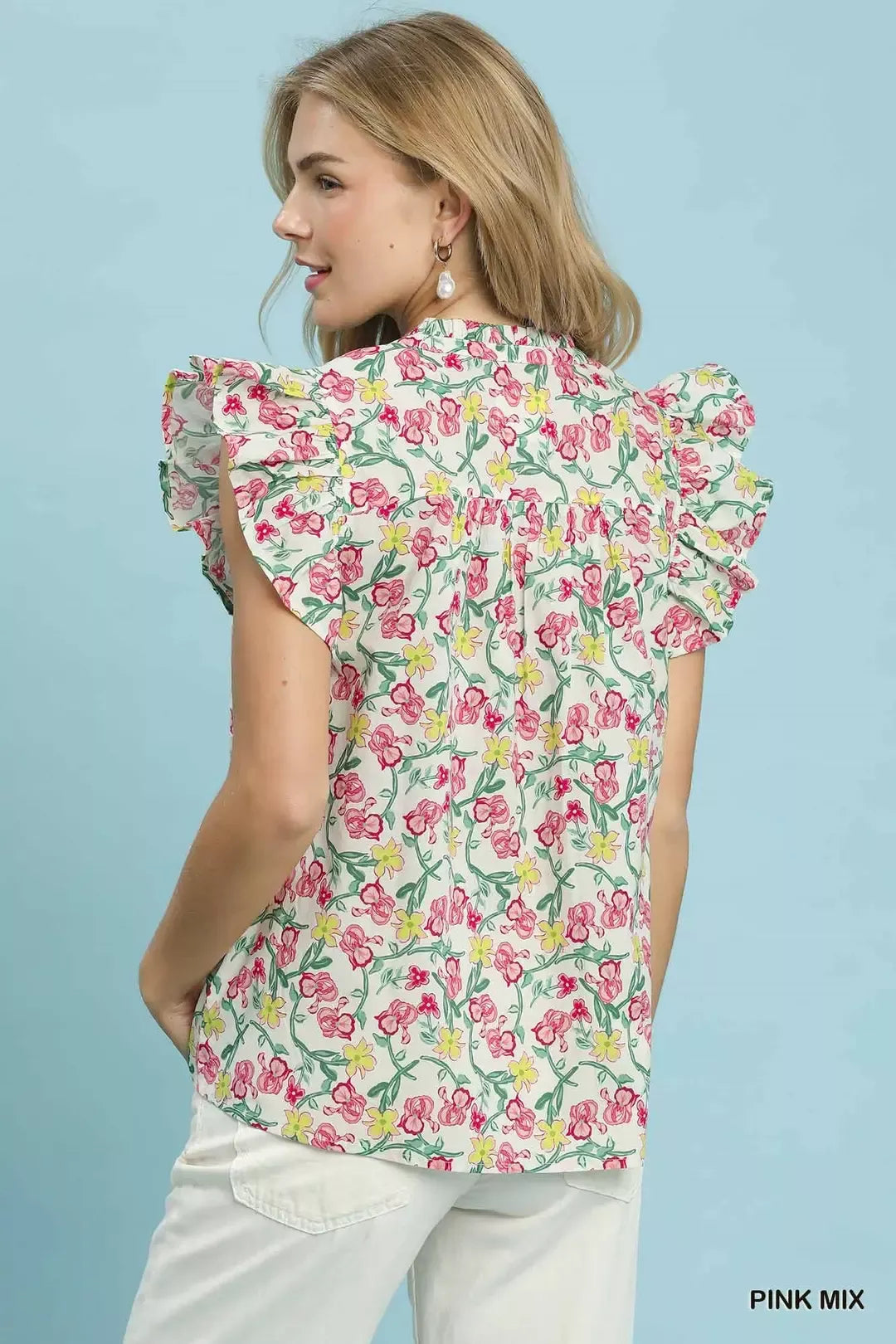Umgee Floral Print RuffleCap Sleeve Shirt