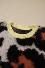 Leopard Print Drop Shoulder Long Sleeve Round Neck Sweater