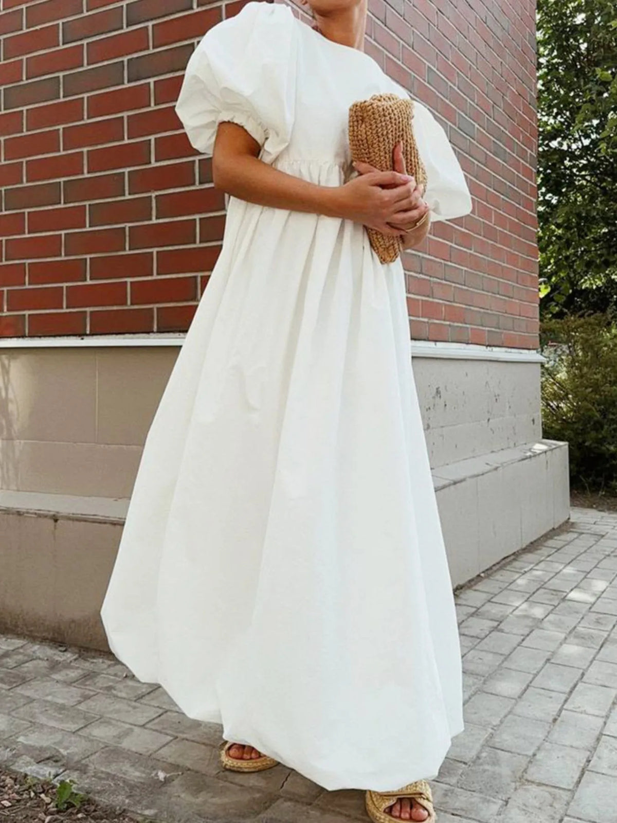 Puff Sleeve Round Neck Maxi Dress - Ladyez