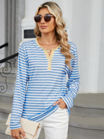 Striped Notched Long Sleeve T-Shirt - Ladyez