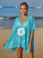 Angel Wings Openwork Flower V-Neck Short Sleeve Cover Up - Ladyez