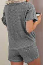 Waffle-Knit Short Sleeve Top and Shorts Lounge Set - Ladyez