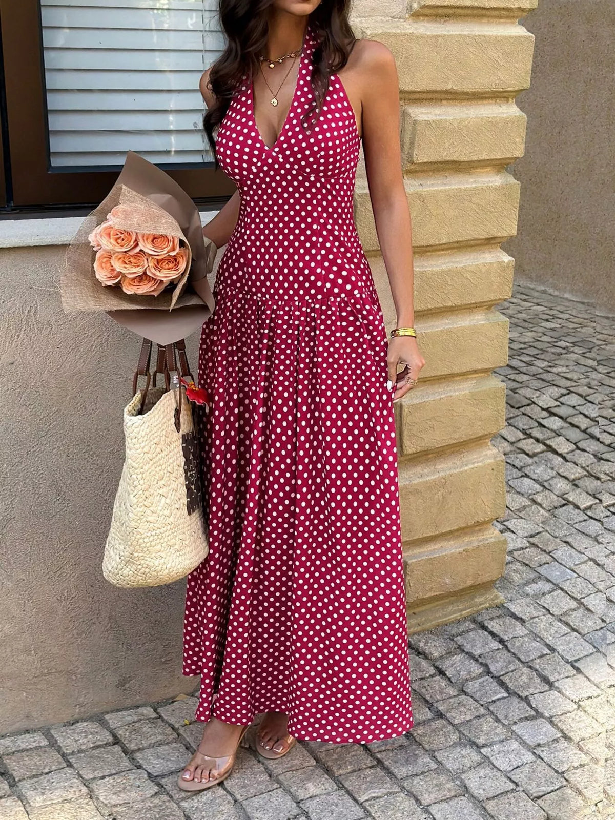 Polka Dot Halter Neck Maxi Dress