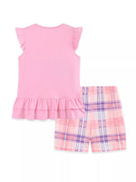 Children's Bunny Train Ruffle Trim Top & Plaid Shorts Set
