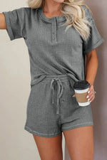 Waffle-Knit Short Sleeve Top and Shorts Lounge Set - Ladyez