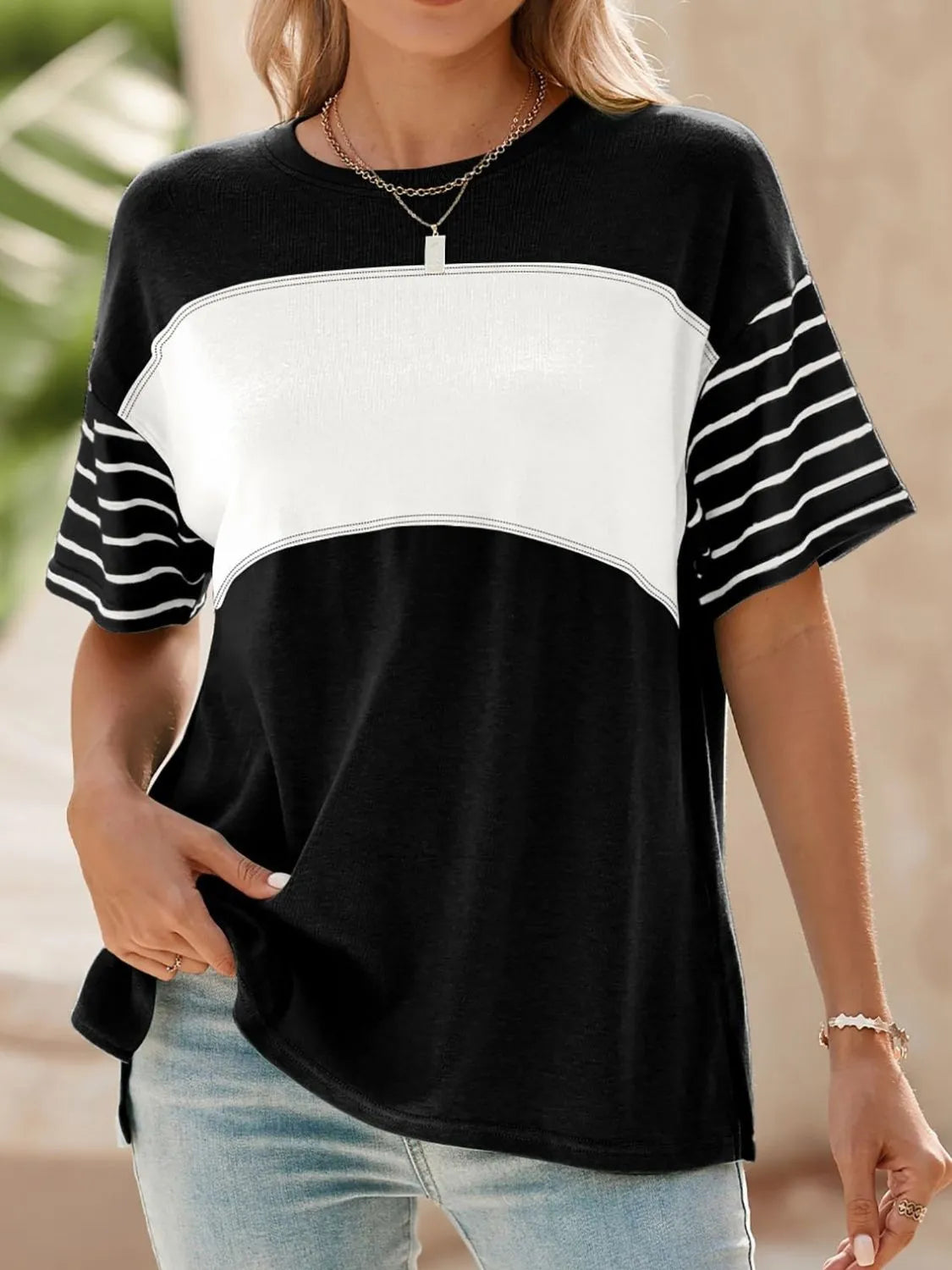 Color Block Striped Sleeve Casual T-Shirt - Ladyez