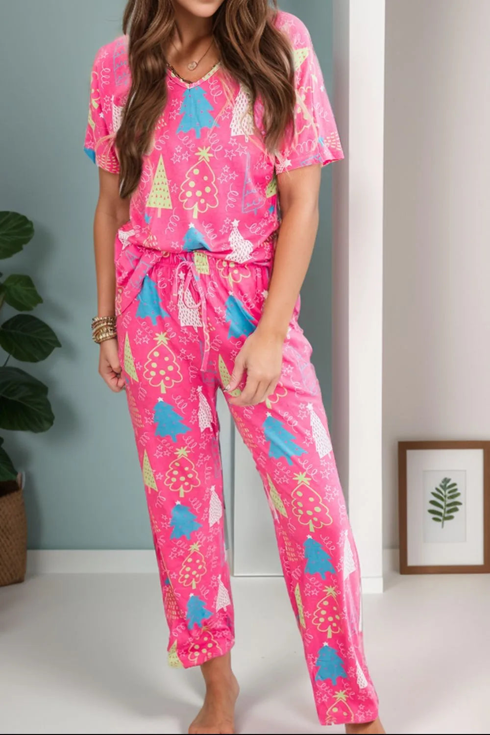 Printed V-Neck Short Sleeve Top and Pants Lounge Set - Ladyez