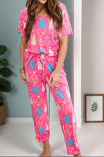 Printed V-Neck Short Sleeve Top and Pants Lounge Set - Ladyez