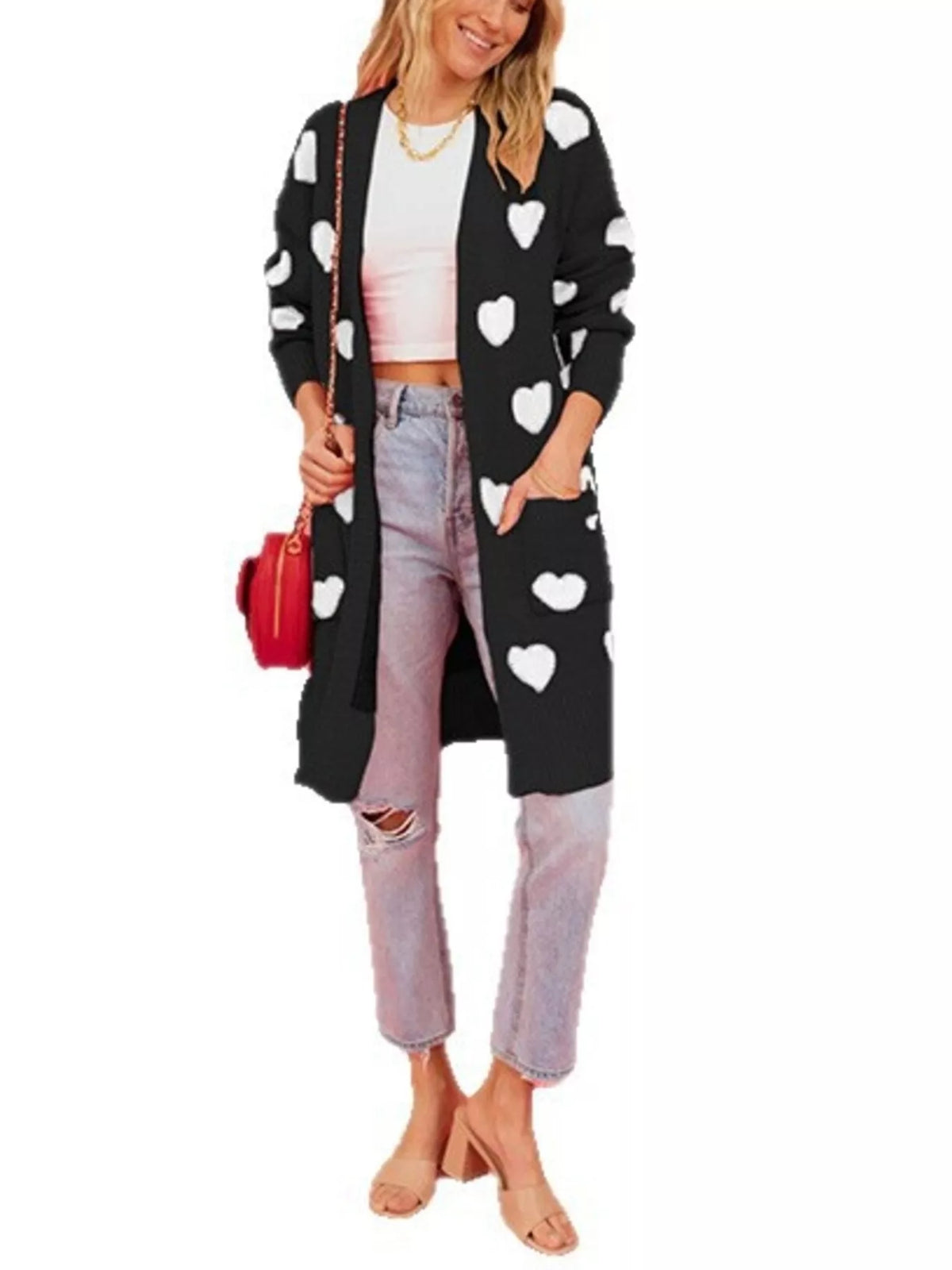 Heart Pattern Open Front Longline Cardigan