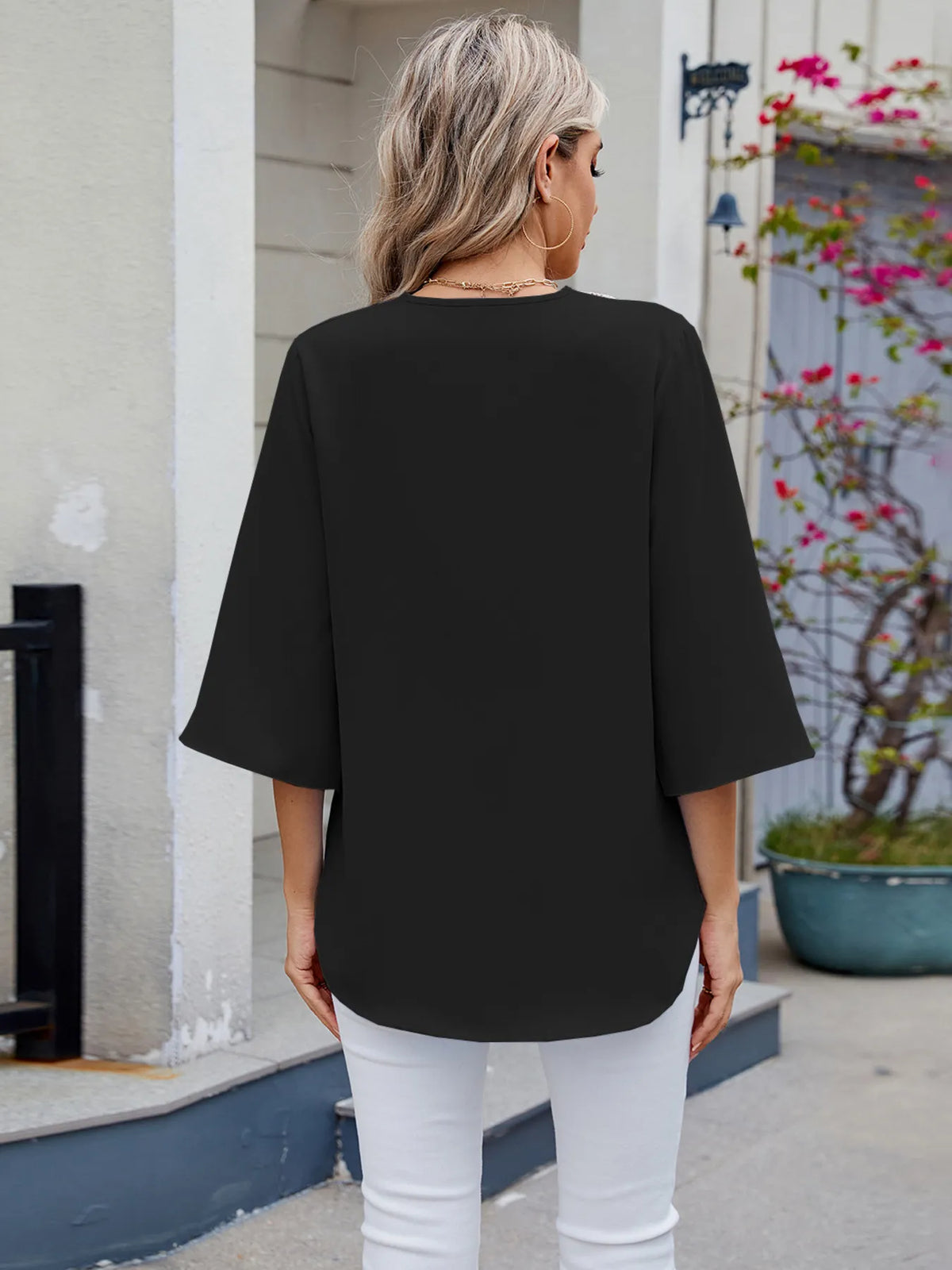 V-Neck Lace Trim Blouse - Ladyez