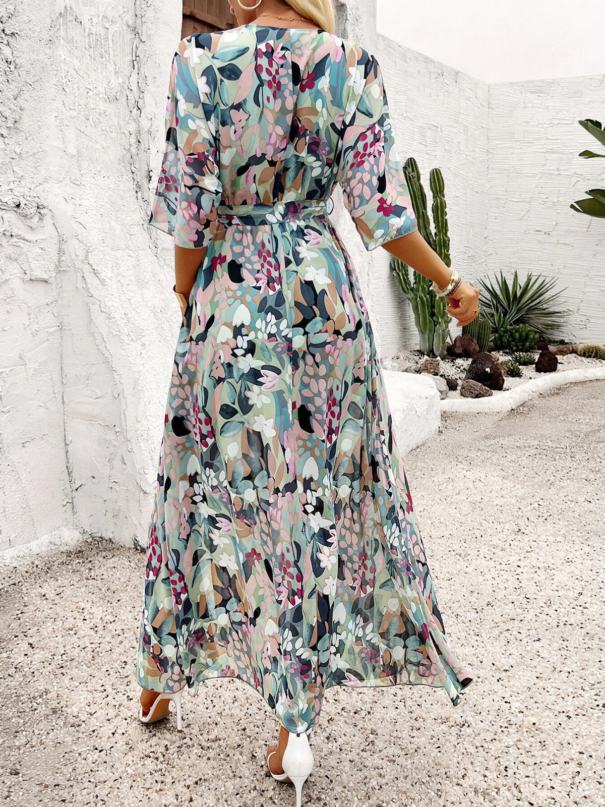 Slit Printed Surplice Half Sleeve Maxi Dress - Ladyez