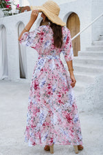 Devine Printed Tied Half Sleeve Slit Dress - Ladyez