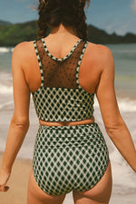 Dotted Mesh Plaid Patchwork High Waisted Swim Set - Ladyez