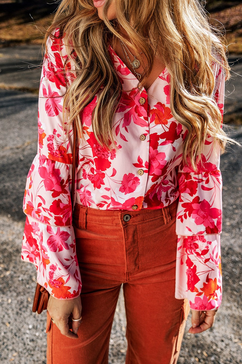 Floral Flare Sleeve Button Up V-Neck Bodysuit - Ladyez