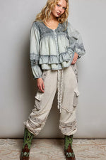 POL Washed Layered Lace Pintuck Flared Woven Blouse