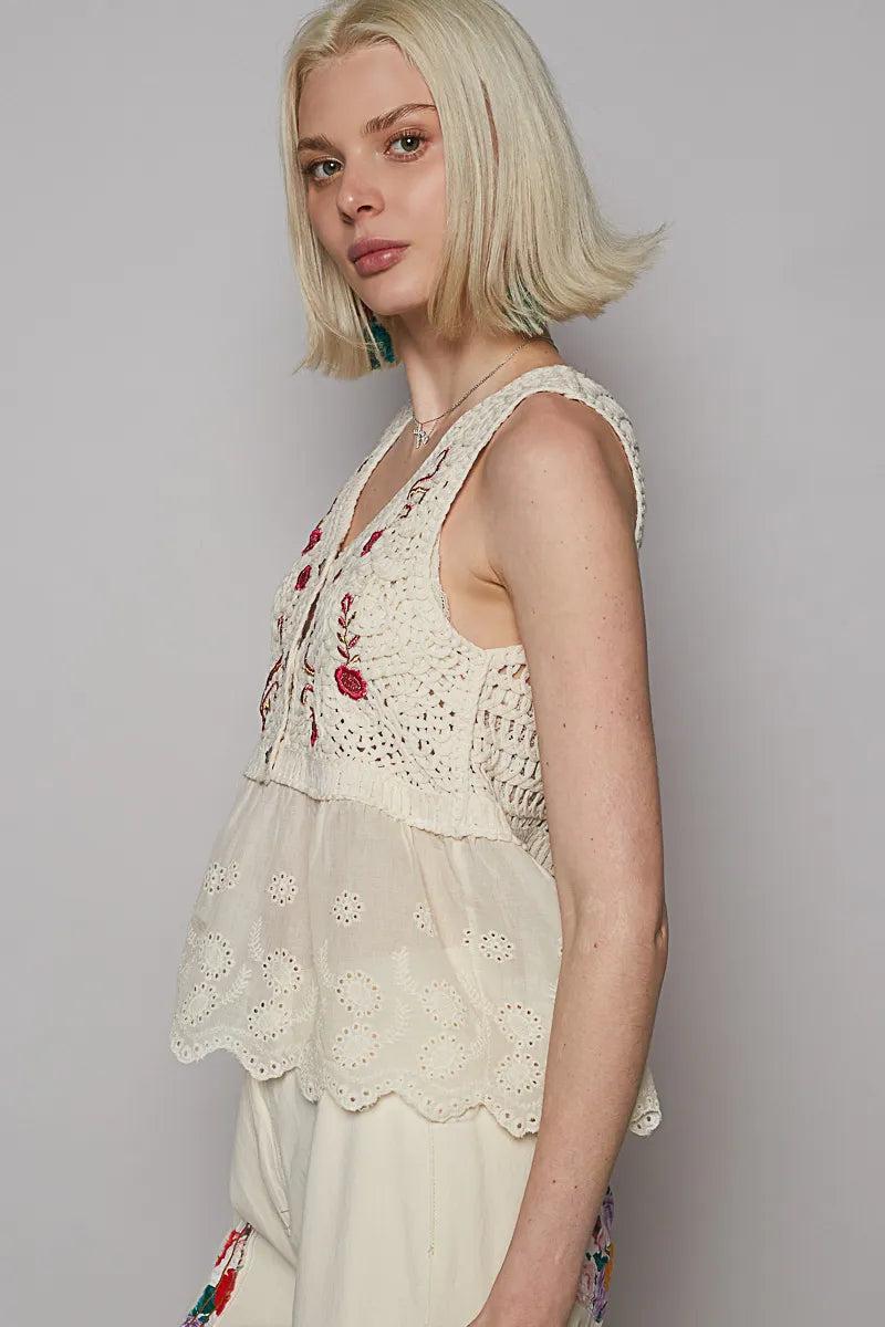 POL Embroidered Detail V-Neck Eyelet Peplum Tank - Ladyez