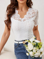 Lace Trim Eyelet Embroidered Summer T-Shirt - Ladyez