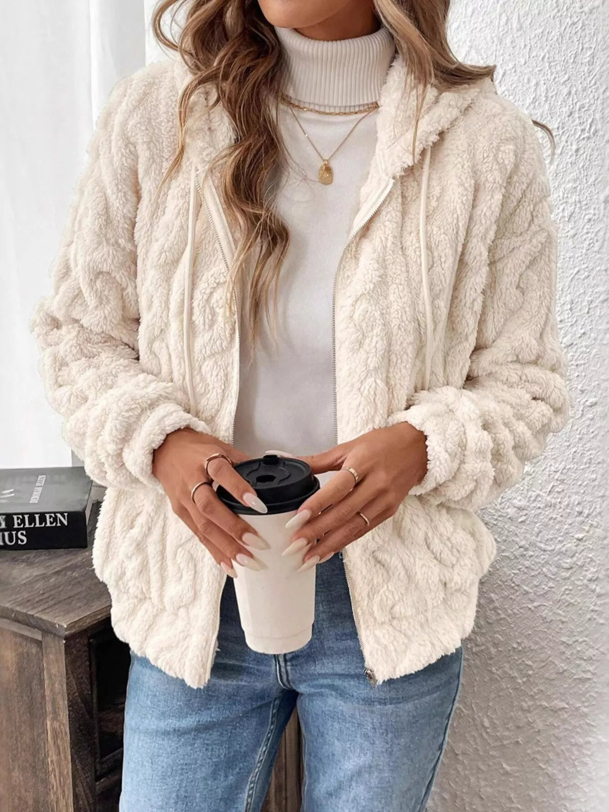 Drawstring Zip-Up Fleece Hooded Outerwear