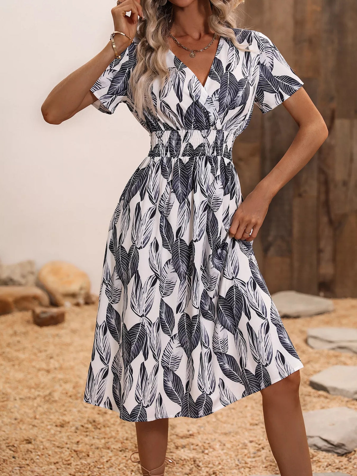 Printed Short Sleeve Midi Dress