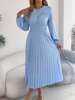 Smocked Pleated Long Sleeve Midi Dress